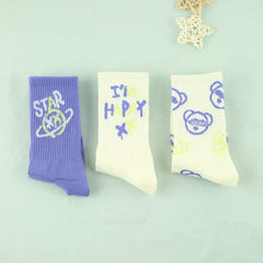 3 Pairs Letter Bear Print Socks Comfy Mid Tube Women's Stockings