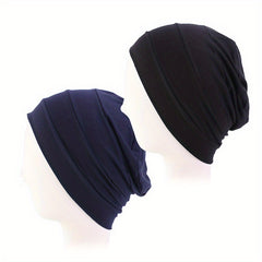 2pcs Ruched Turban Solid Inner Cap Lightweight Head Wrap Underscarf Beanie Cap