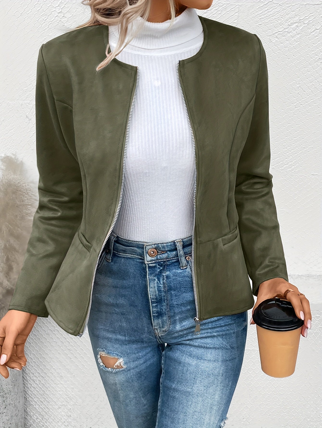 Solid Zip Up Jacket Casual Long Sleeve Crew Neck Outerwear