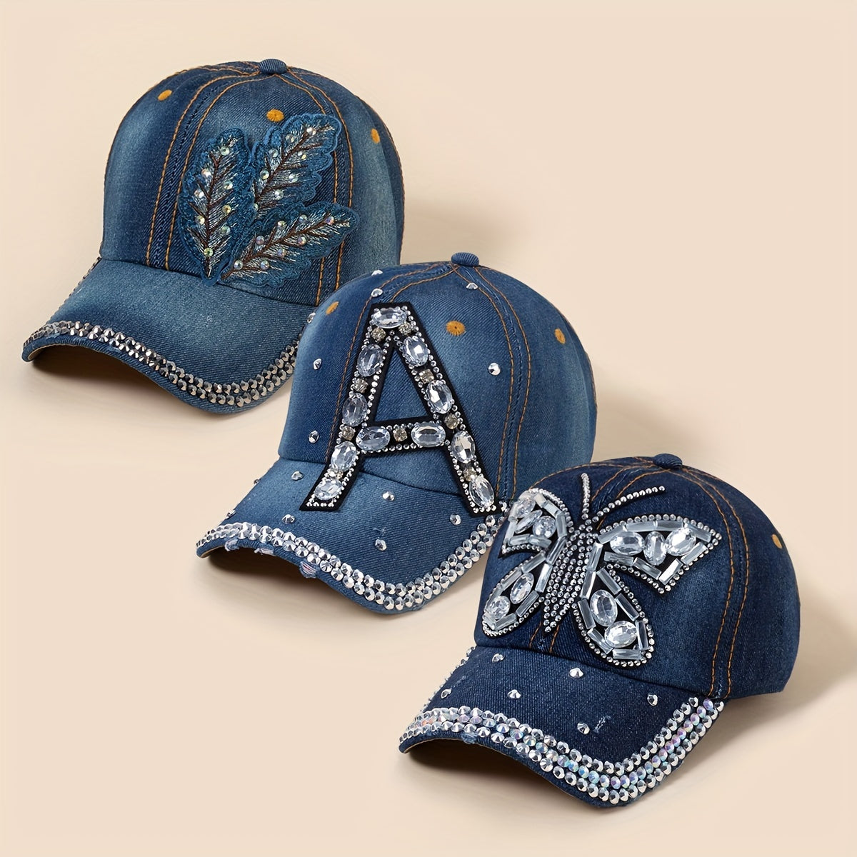 Denim Washed Baseball Cap Butterfly Feather Patch Distressed Casual Dad Hats