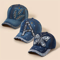 Denim Washed Baseball Cap Butterfly Feather Patch Distressed Casual Dad Hats