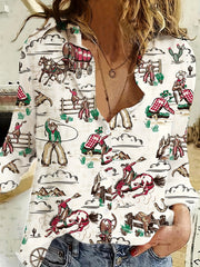  Western Style Blouse Women's Plus Cowboy Print Button Up Blouse