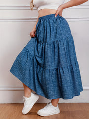  Denim Print Drawstring Elastic High Rise Maxi Skirt