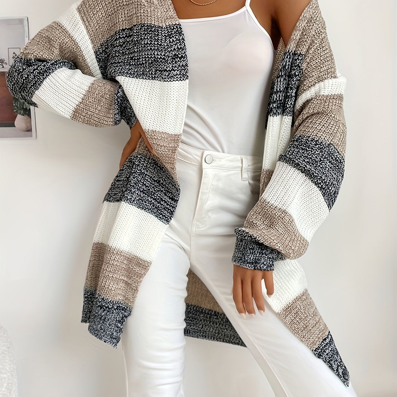  Colorblock Long Sleeve Open Front Cardigan