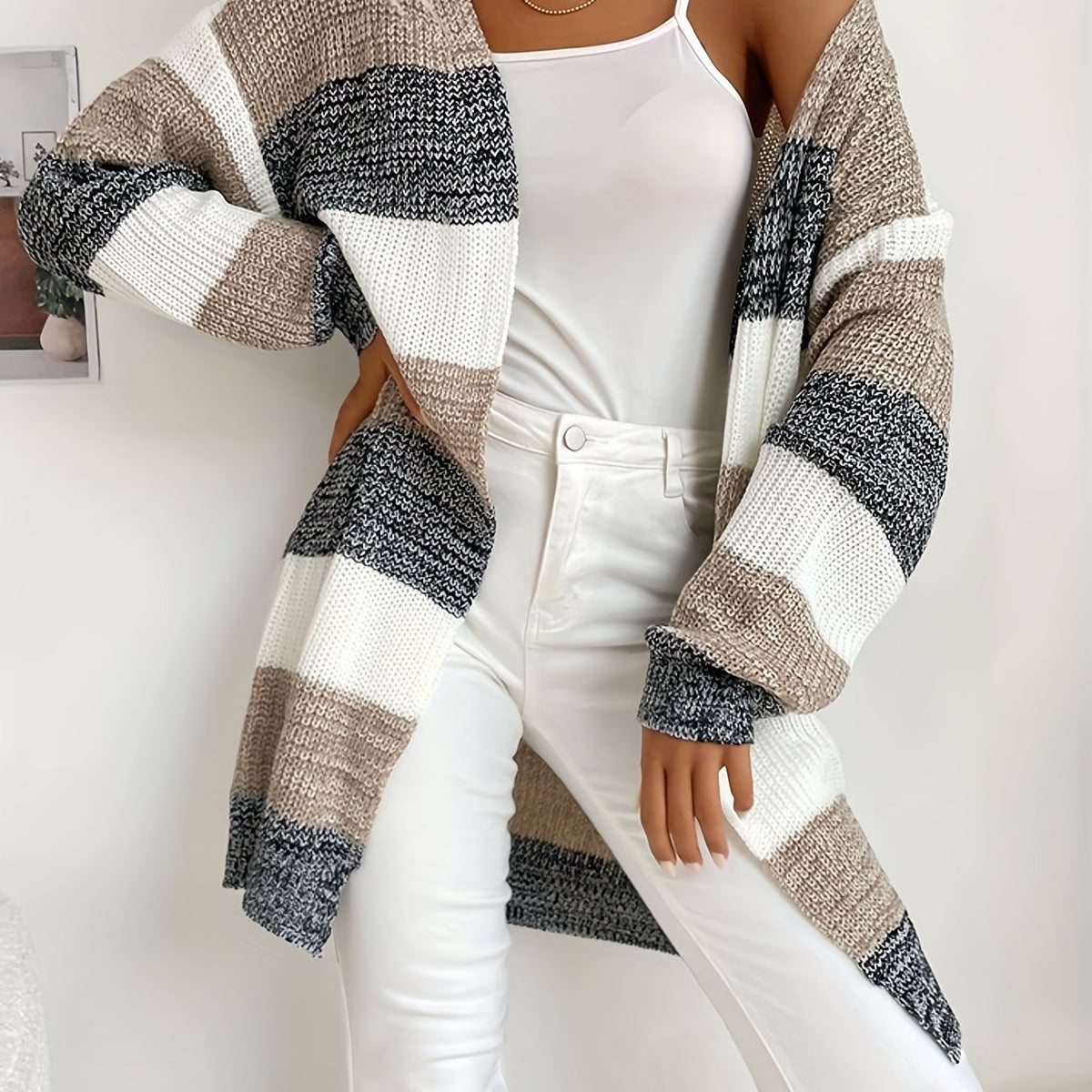  Colorblock Long Sleeve Open Front Cardigan