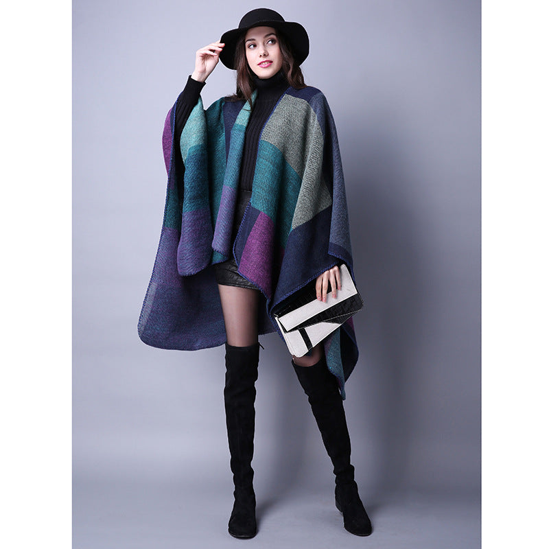 Vintage Block Shawl Cashmere Warm Wrap Large Blanket Scarf Poncho Capes Cloak