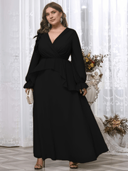  Solid Layered Flounce Sleeve Maxi Formal Dress