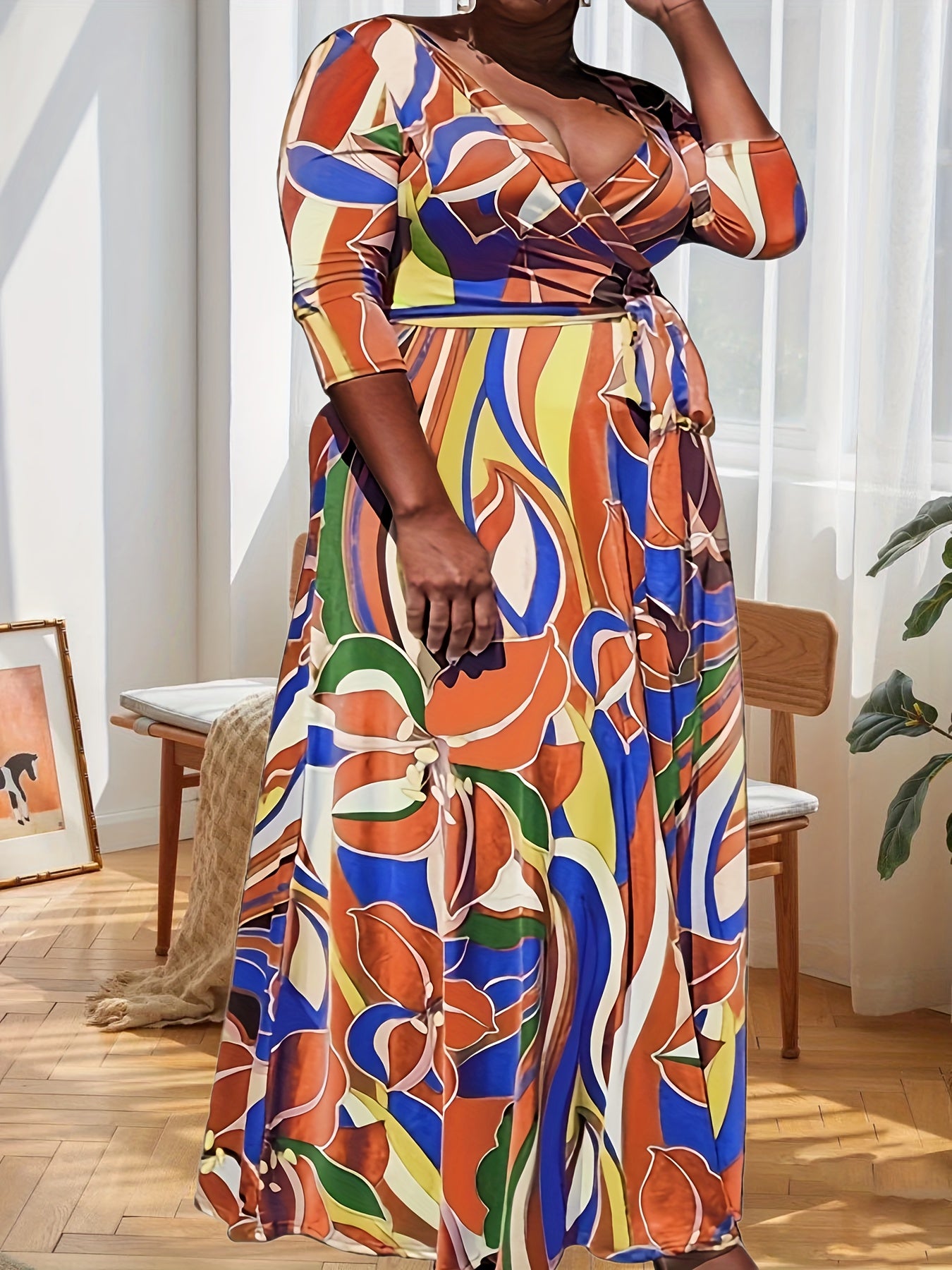  Colorblock Print Maxi Dress with Belt