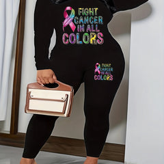Women's Plus Top & Leggings Set Feather & Slogan Print Long Sleeve V Neck 2pc