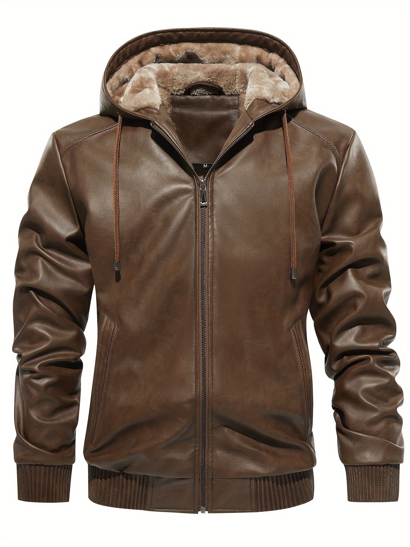 Men's PU Leather Hooded Jacket Windproof Waterproof Thick