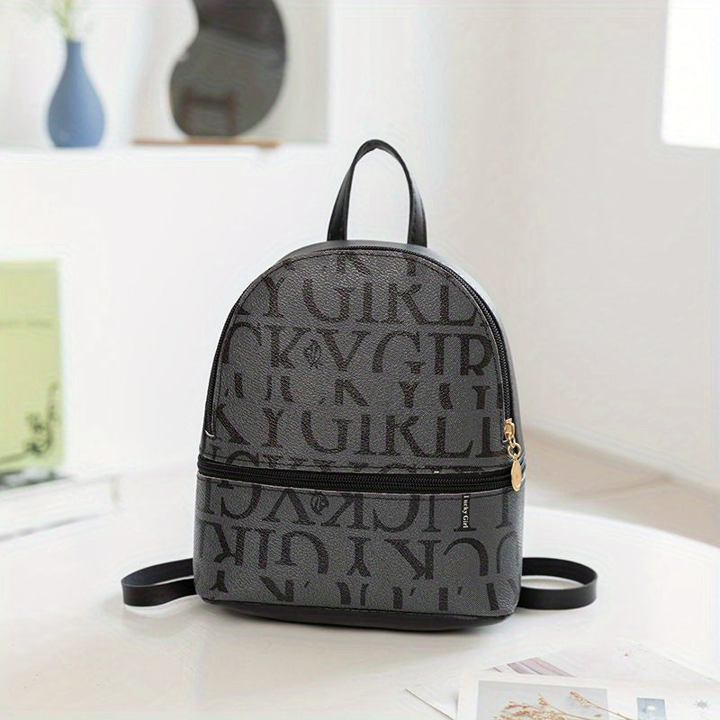 Mini Letter Print Backpack Women's Faux Leather Daypack School Bag