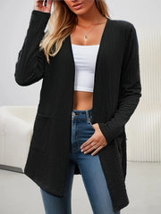  Solid Jacquard Long Sleeve Cardigan Pockets