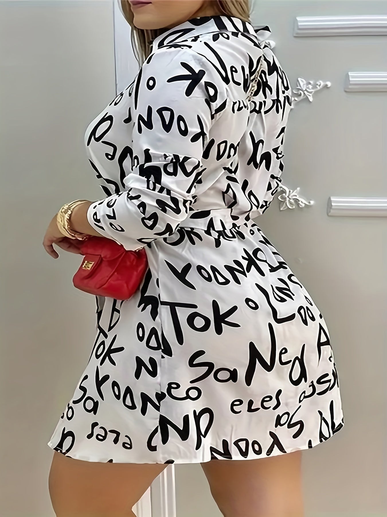  Letter Print Long Sleeve Shirt Dress with Belt