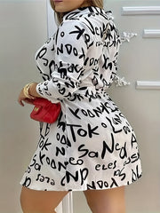  Letter Print Long Sleeve Shirt Dress with Belt