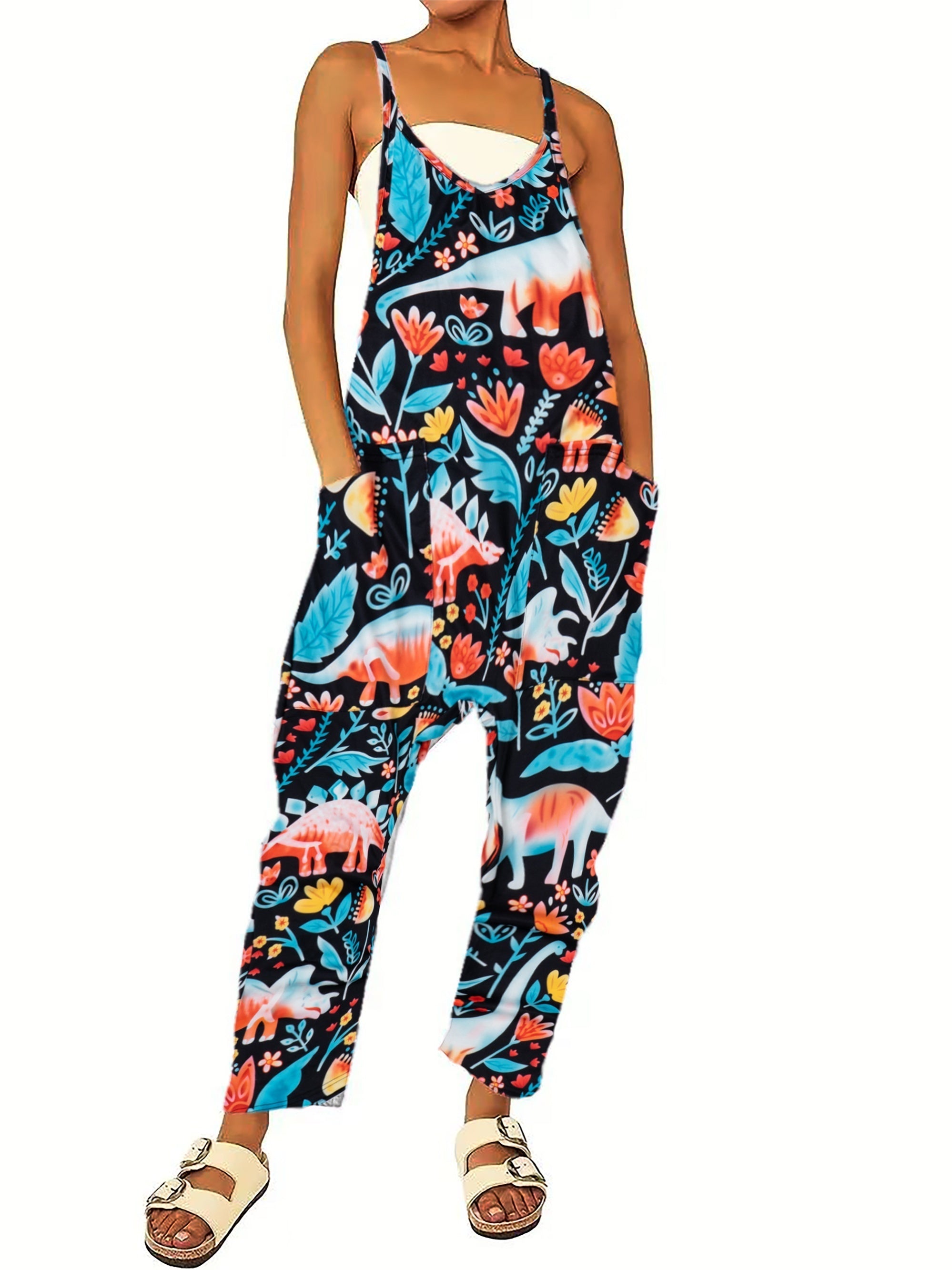 Boho Plant Print Spaghetti Strap Jumpsuit V Neck