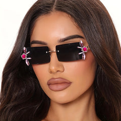 Rimless Sunglasses Rhinestone Flower Gradient Metal Glasses UV400