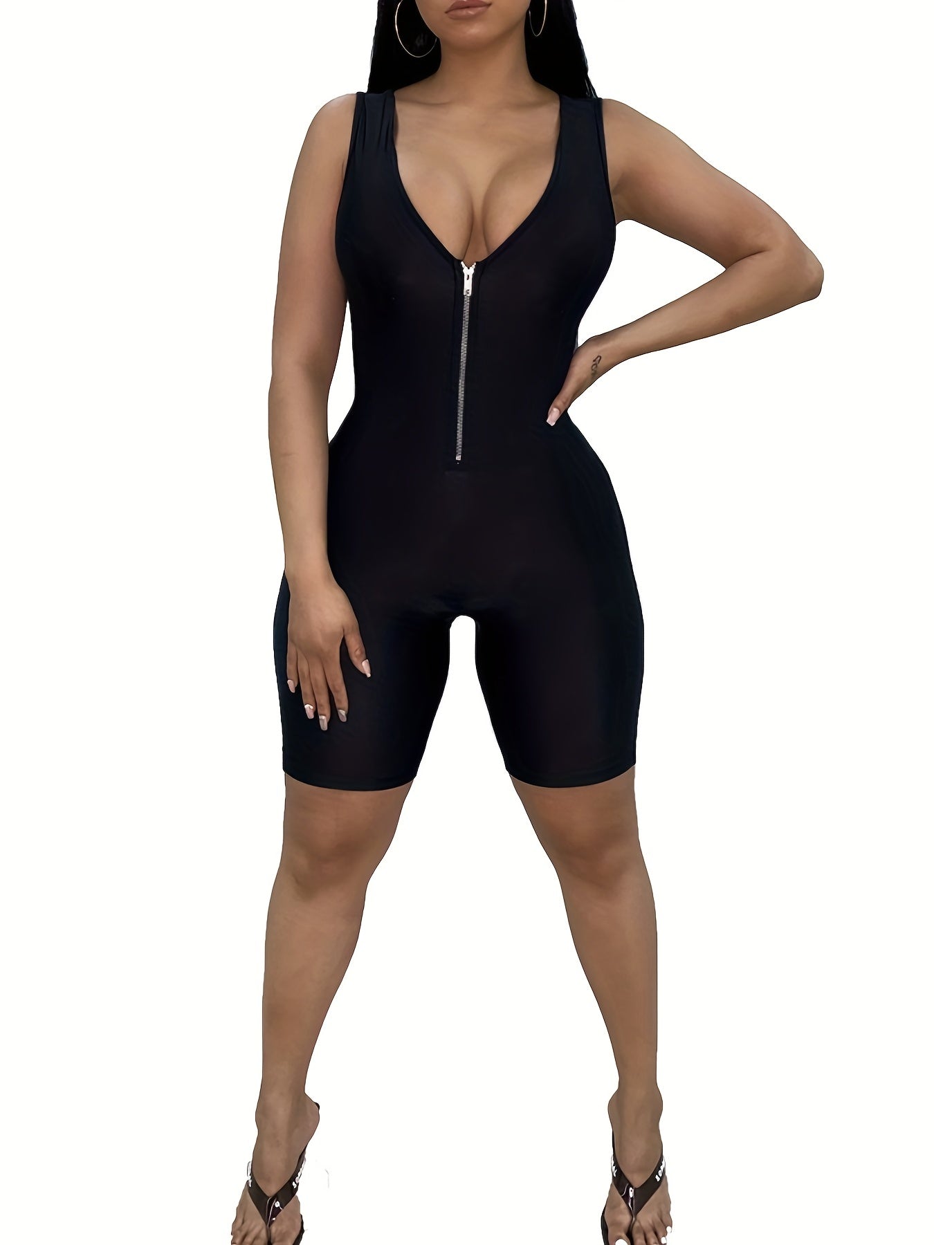 Solid V Neck Sleeveless Bodycon Romper
