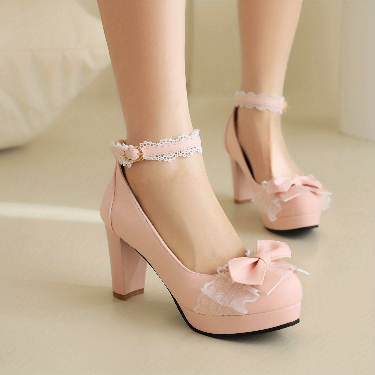 Women's Lace Bowknot High Heels Ankle Strap Mary Jane Pumps