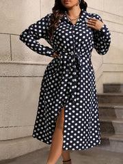 Polka Dot Button Up Long Sleeve Shirt Dress