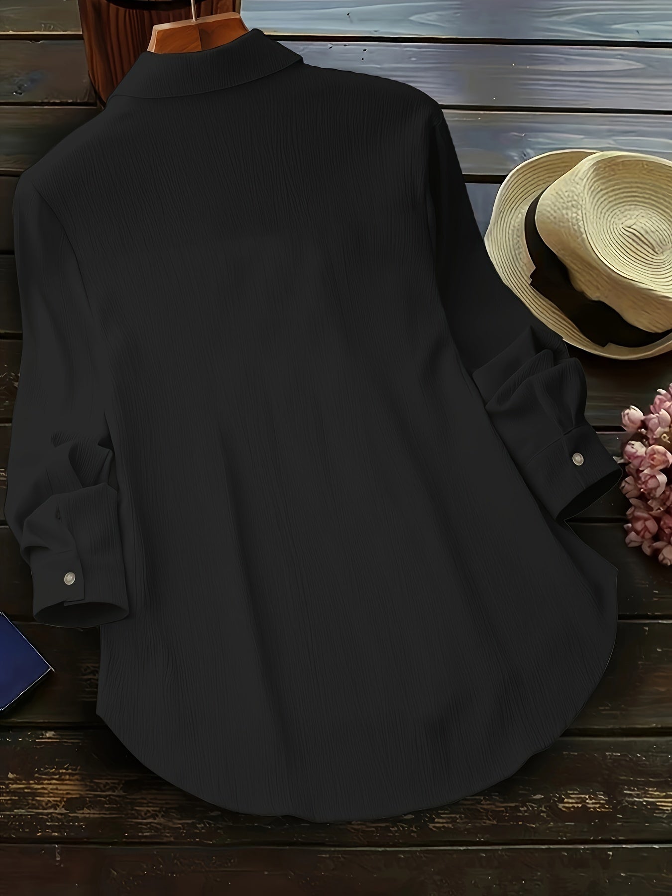  Casual Blouse Women's Solid Crinkle Button Up Long Sleeve Blouse