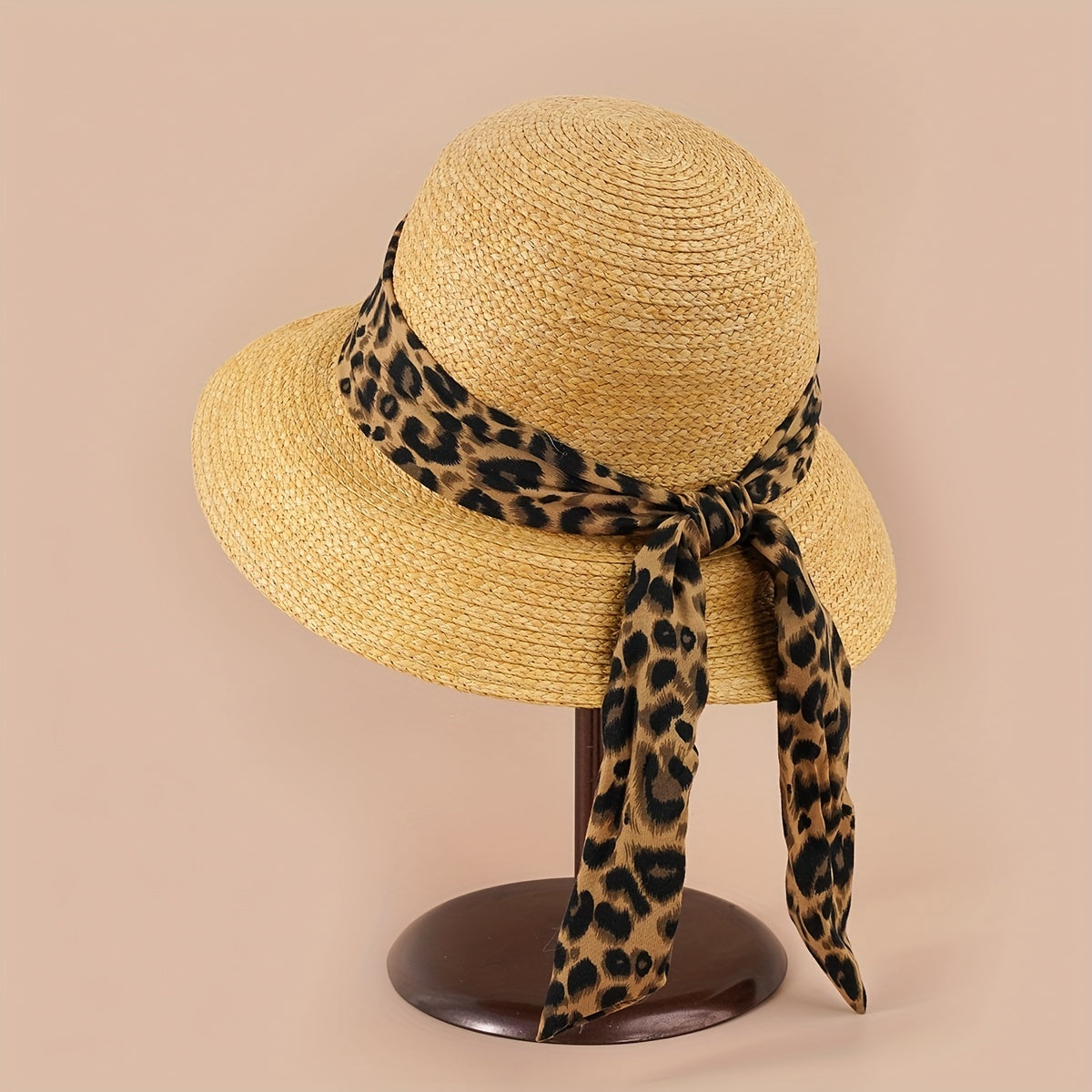 Leopard Ribbon Bowknot Sun Hat Wide Brim UV Protection Straw Hat