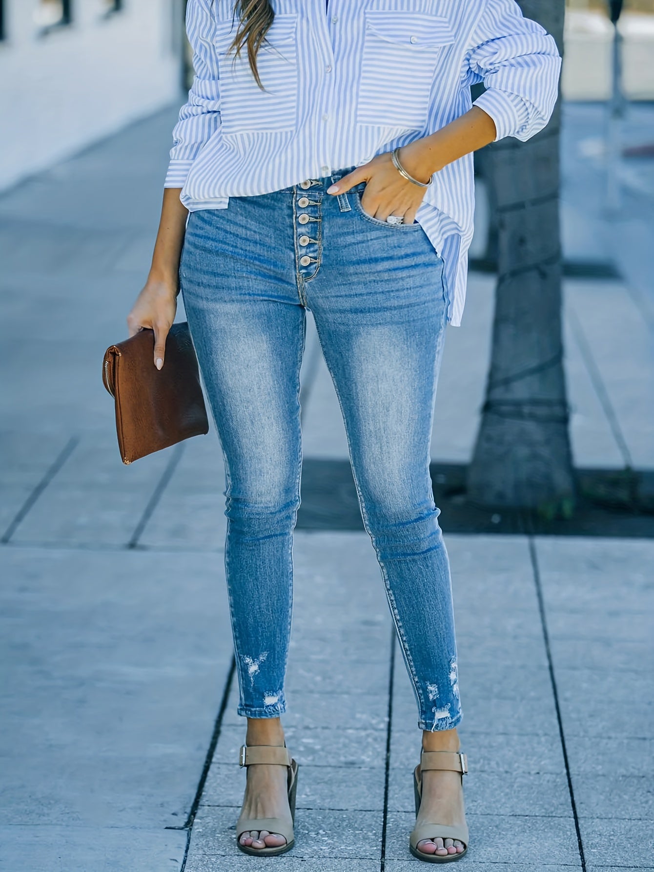  Casual Jeans Women's Plus Solid Ripped Button Up High Rise Medium