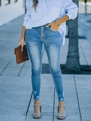  Casual Jeans Women's Plus Solid Ripped Button Up High Rise Medium