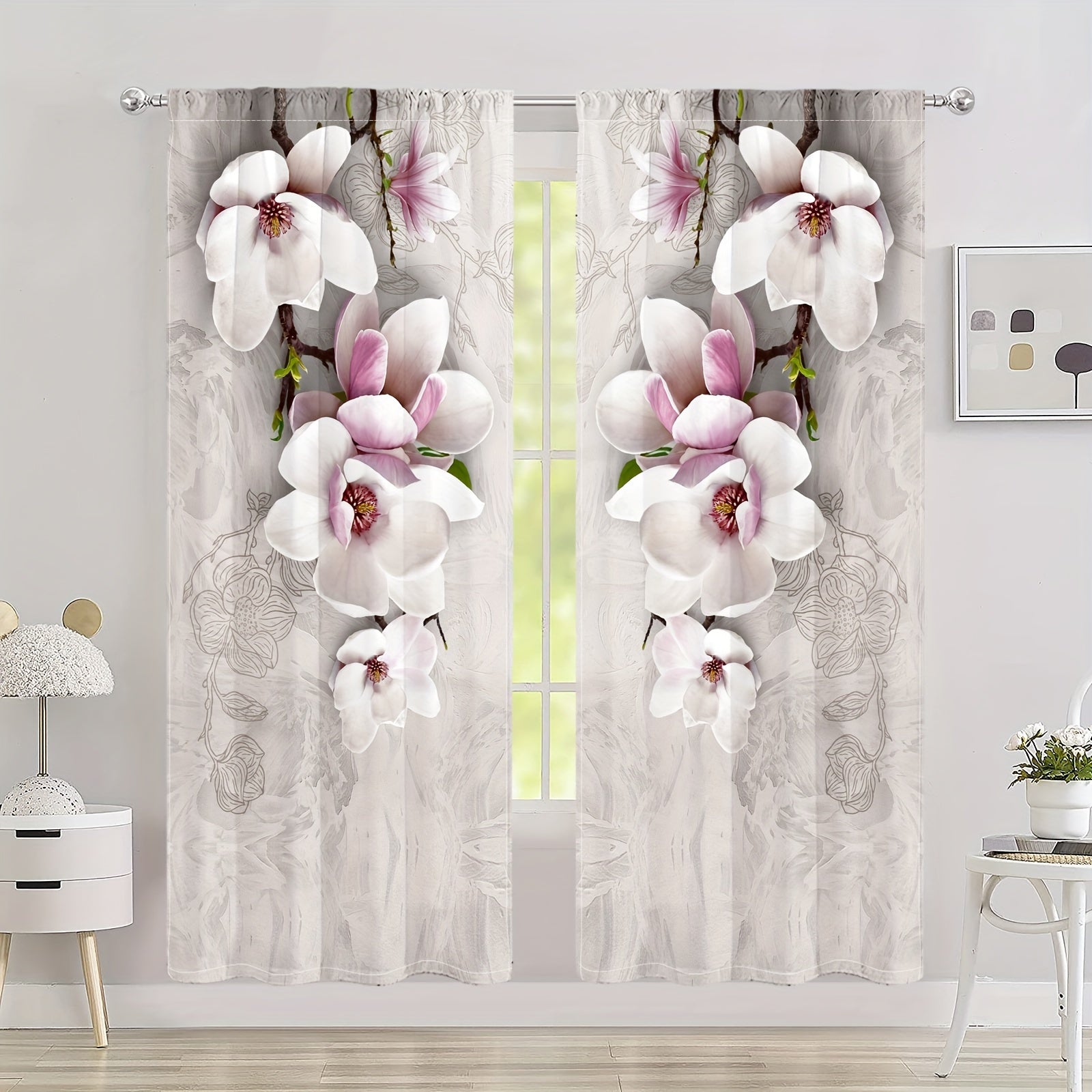 2pcs Magnolia Pattern Semi Blackout Curtains Rod Pocket Vintage Curtain