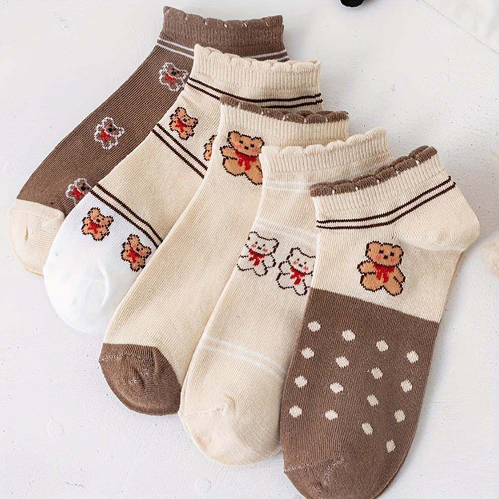 5 Pairs Bear Print Socks Low Cut Ankle Socks Women's Stockings