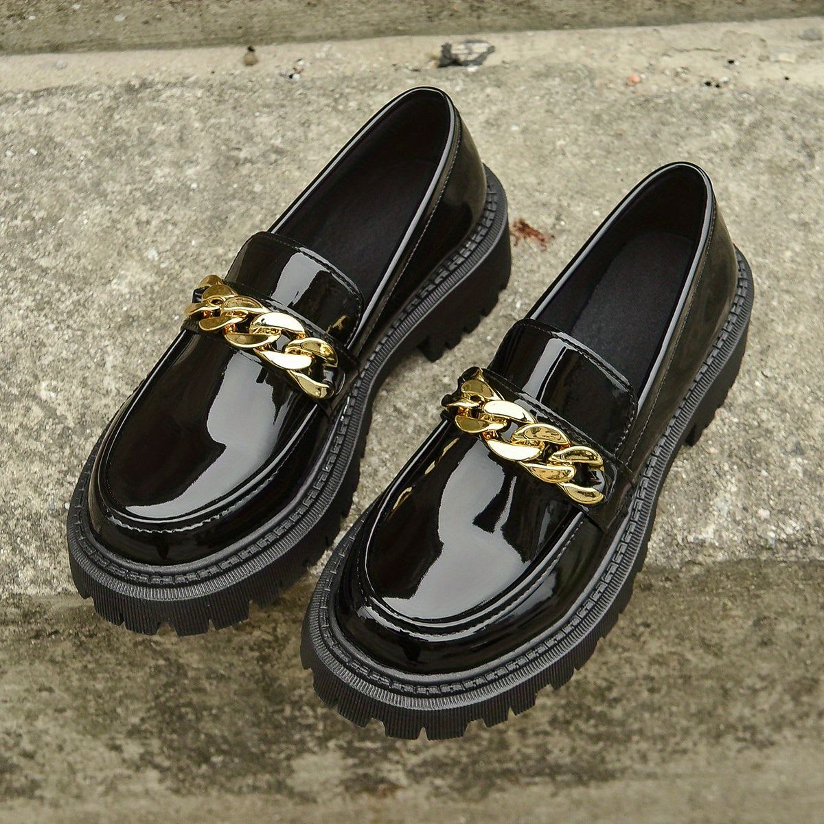 Women's Chain Decor Chunky Heel Loafers Slip On Faux Leather Shoes