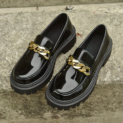 Women's Chain Decor Chunky Heel Loafers Slip On Faux Leather Shoes