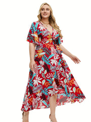  Tropical Print Maxi Dress with Ruffle Trim