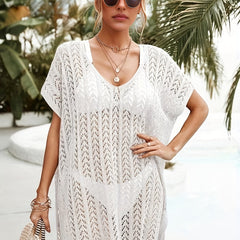 Crochet Batwing Sleeve Beach Cover Up V Neck Side Split Soft Boho Kaftan Dress