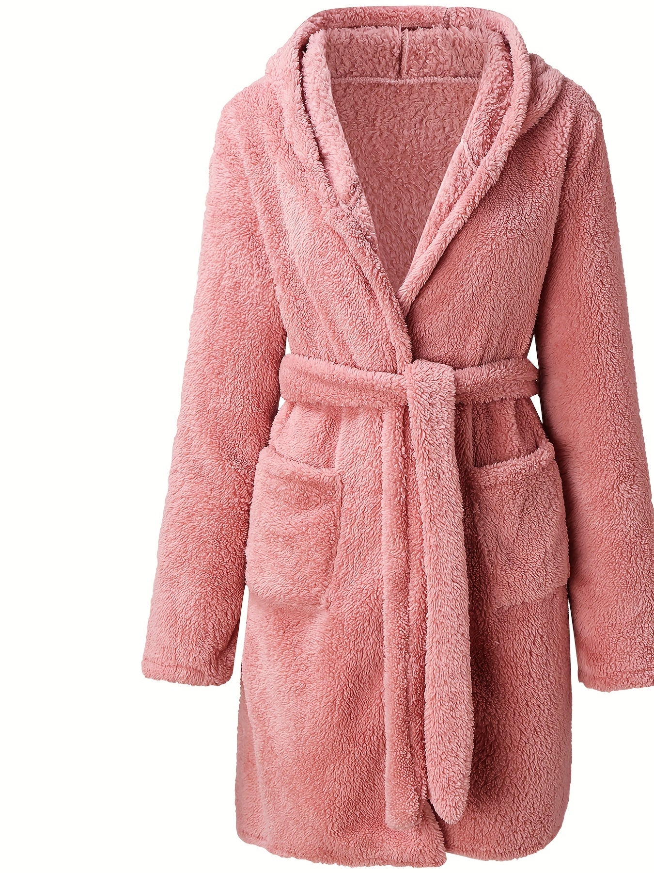  Plush Long Sleeve Hooded Bathrobe