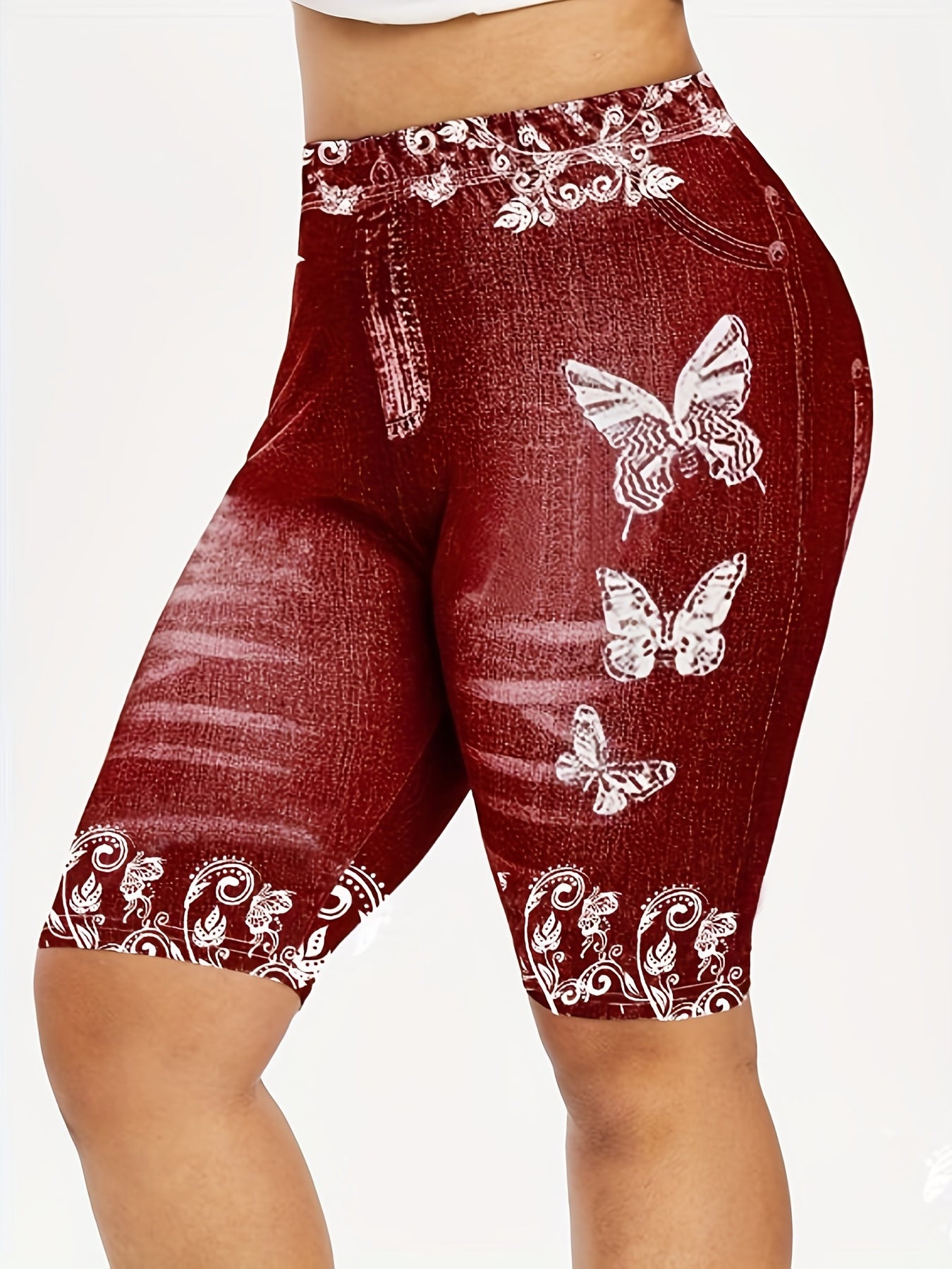 Butterflies Print Short Leggings Casual High Waist Elastic Bottoms