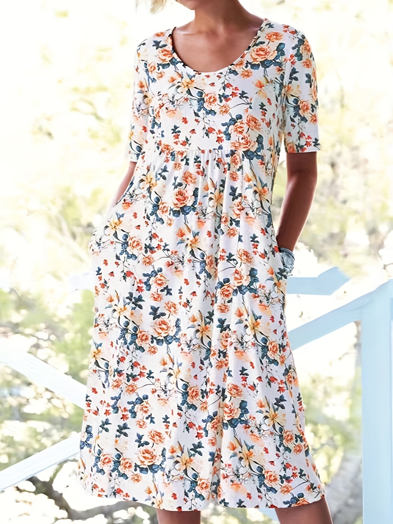Floral Print Ruched Short Sleeve Plus Size Boho Midi Dress