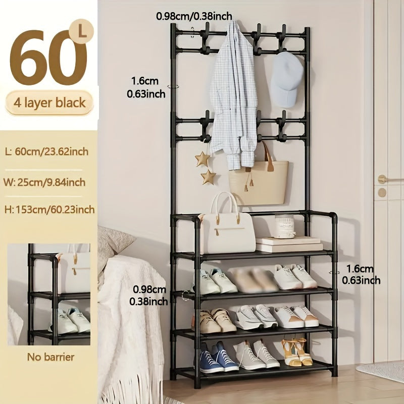 1pc Shoe Storage Rack With Clothes Shelf & Hooks - Space Saving