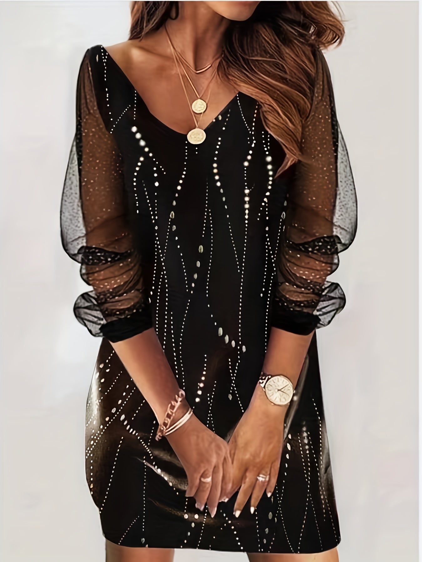  Dot Print Mesh Sleeve V-Neck Stretch Dress