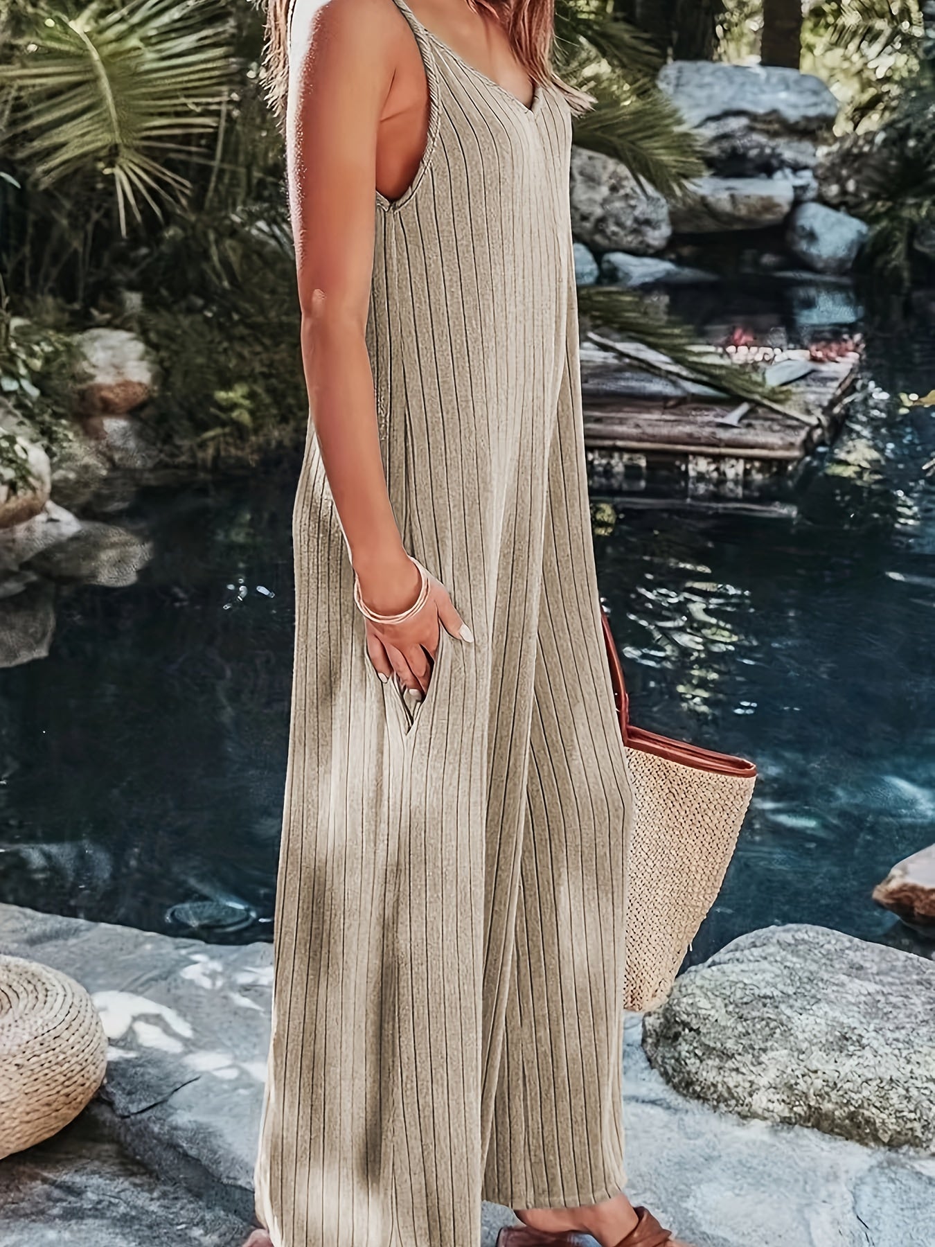 Ribbed V Neck Wide Leg Jumpsuit With Pockets