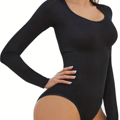Solid Shaping Bodysuit Tummy Control Butt Lifting Long Sleeve Body Shaper