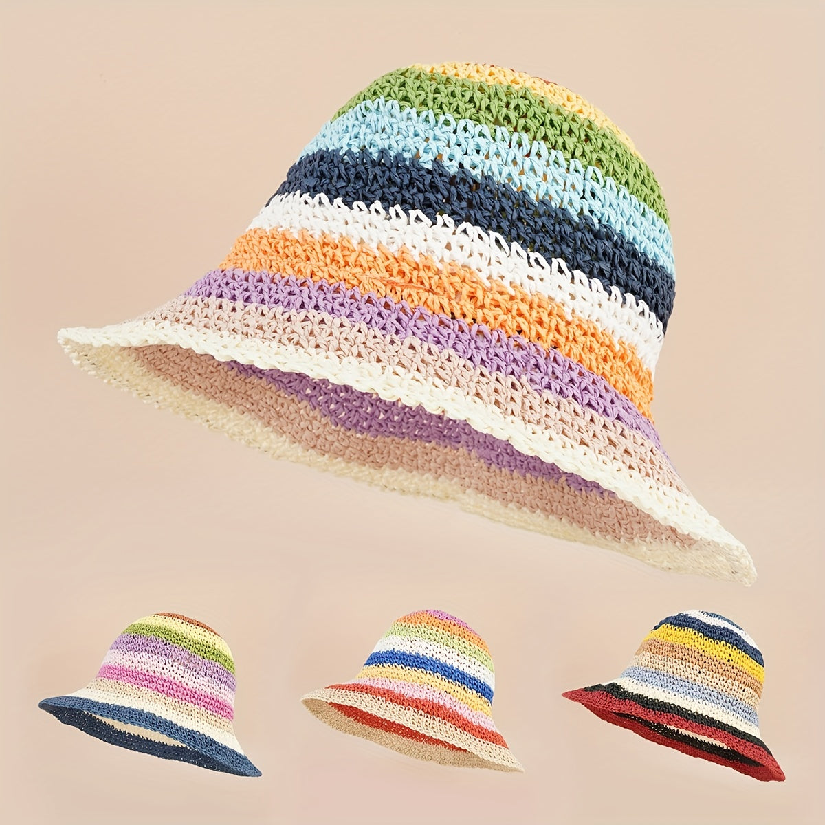 Rainbow Striped Straw Hat Unisex Sunscreen Sunshade Bucket Hat