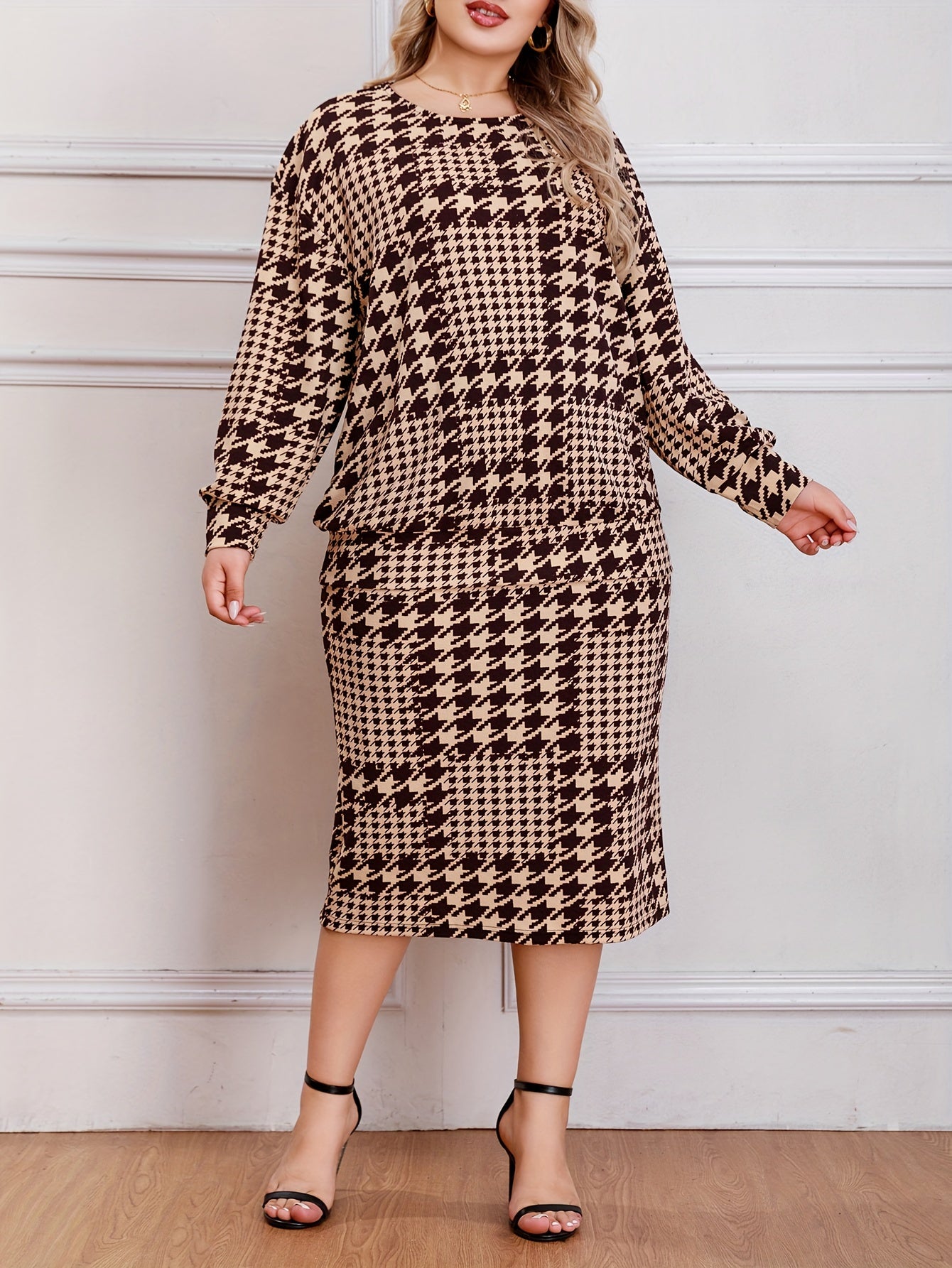  Houndstooth Print Top & Skirt Set