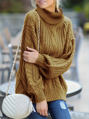  Solid Cable Long Sleeve Turtle Neck Sweater