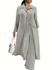  Ribbed Button Up Long Sleeve Polo Neck Blouse & Pants Set
