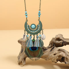 Boho Style Pendant Necklace Feather Tassel & Shell Pendant
