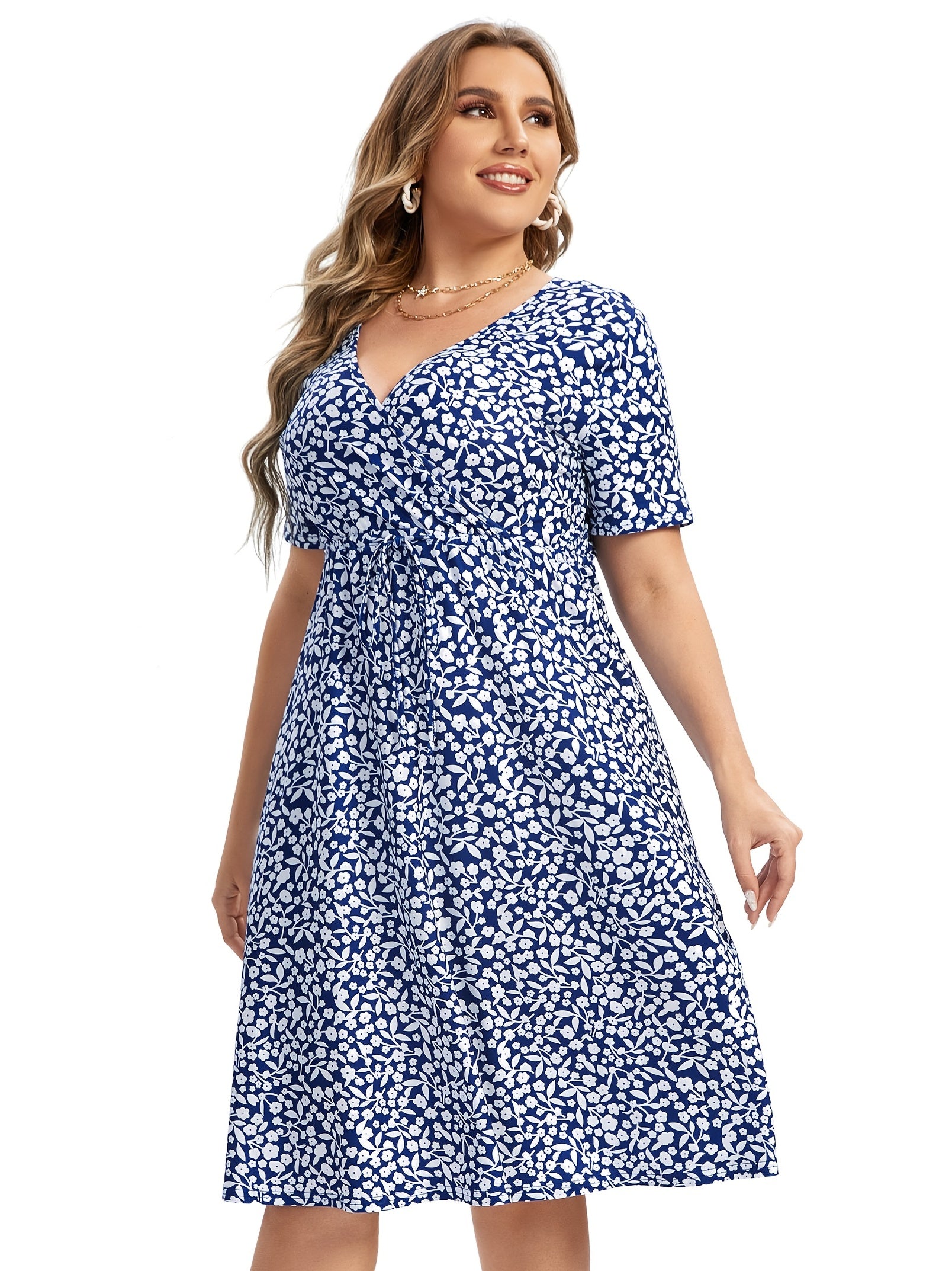  Ditsy Floral Print V Neck Drawstring Dress