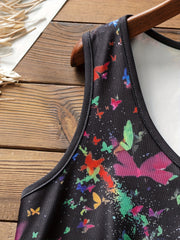  Tie Dye Butterfly Print Tank Top Round Neck Button Up Medium Stretch