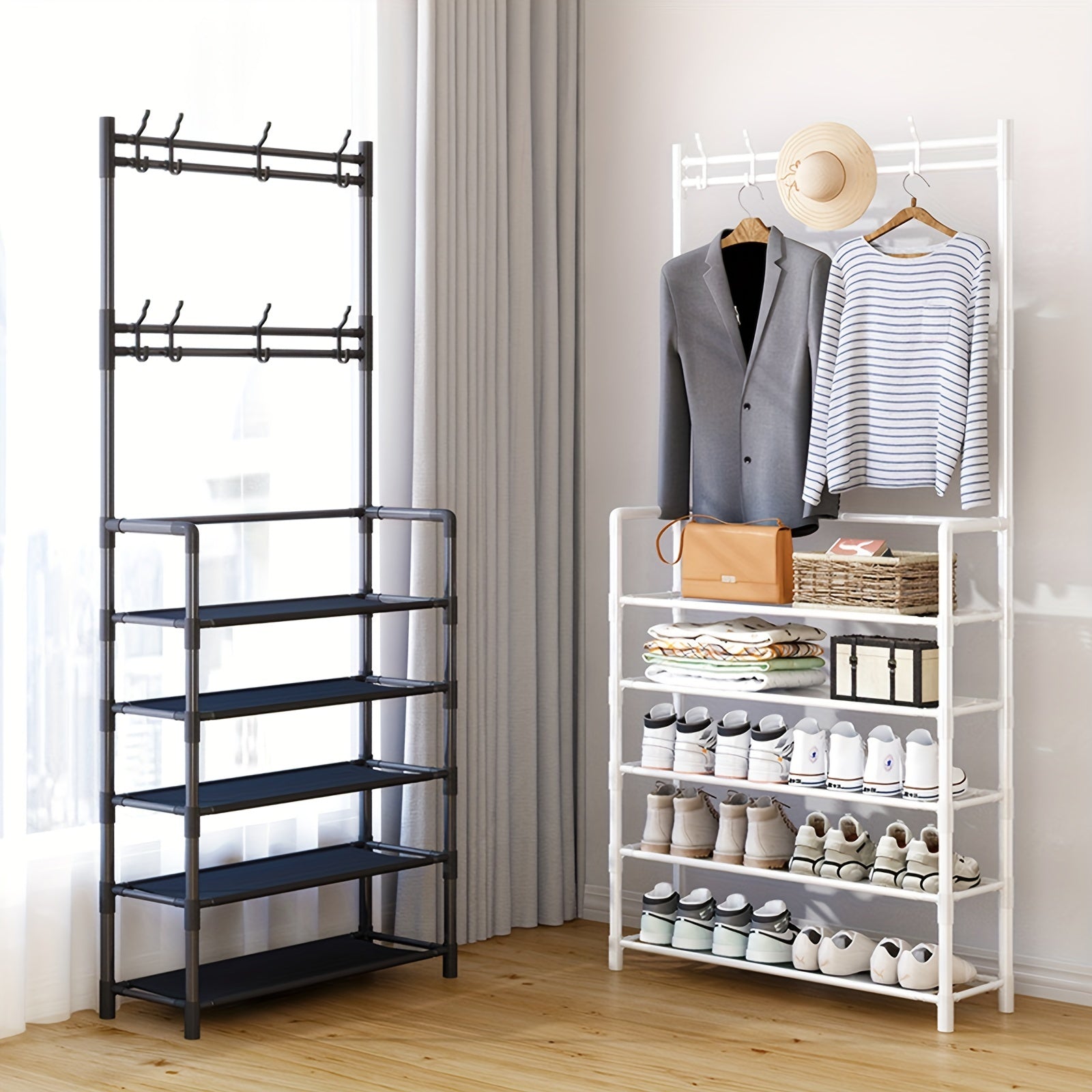 1pc Shoe Rack With Storage Clothes Hanger Independent Standing 