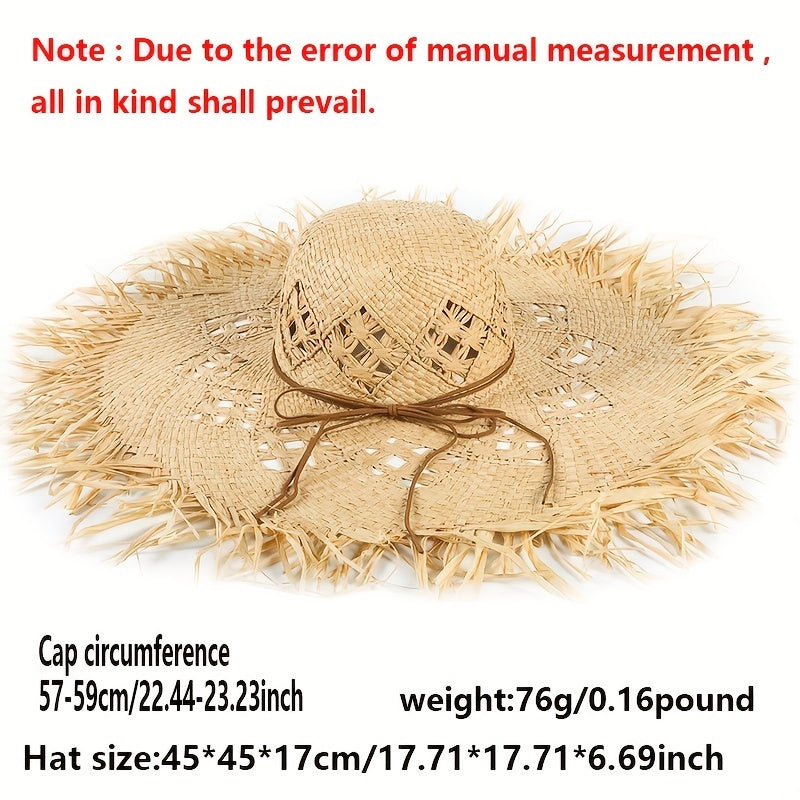 Women's Apricot Raffia Straw Hat Frayed Hand Woven Beach Sun Hat