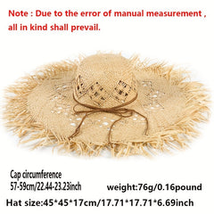 Women's Apricot Raffia Straw Hat Frayed Hand Woven Beach Sun Hat